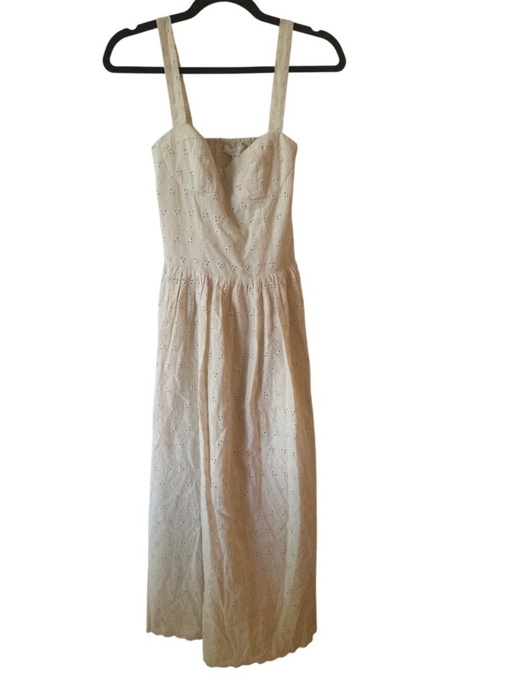 WAYF Beige Eyelet Midi Sundress XS Nordstrom With Smocked Back & Sleeveless